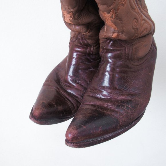 VINTAGE Western Embroidered Leather Cowboy Boots Brown Mid Calf Size Mens 9 - Picture 10 of 12